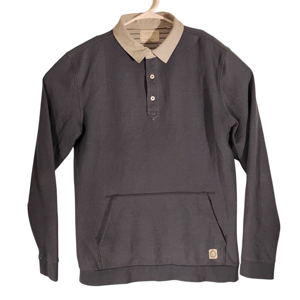 Men's Dark Gray Long-Sleeve Polo Sweatshirt with Tan Collar